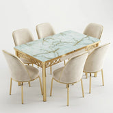 Luxury Cream 6-Seater Extendable Dining Table Set with Printed Glass Top