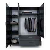 Modern Black Three-Door Wardrobe with Mirror, Drawers & Shelves for Bedroom Storage