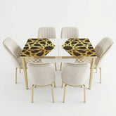 Luxury White and Gold Printed Glass Dining Set with Premium Velvet Chairs