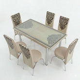 Elegant Turkish Style 6-Seater Dining Set with Printed Glass Top & Steel Legs (Beige Finish)