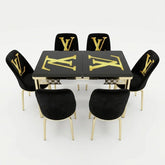 Luxury LV Black & Gold 6-Seater Extendable Dining Set with Printed Glass Top