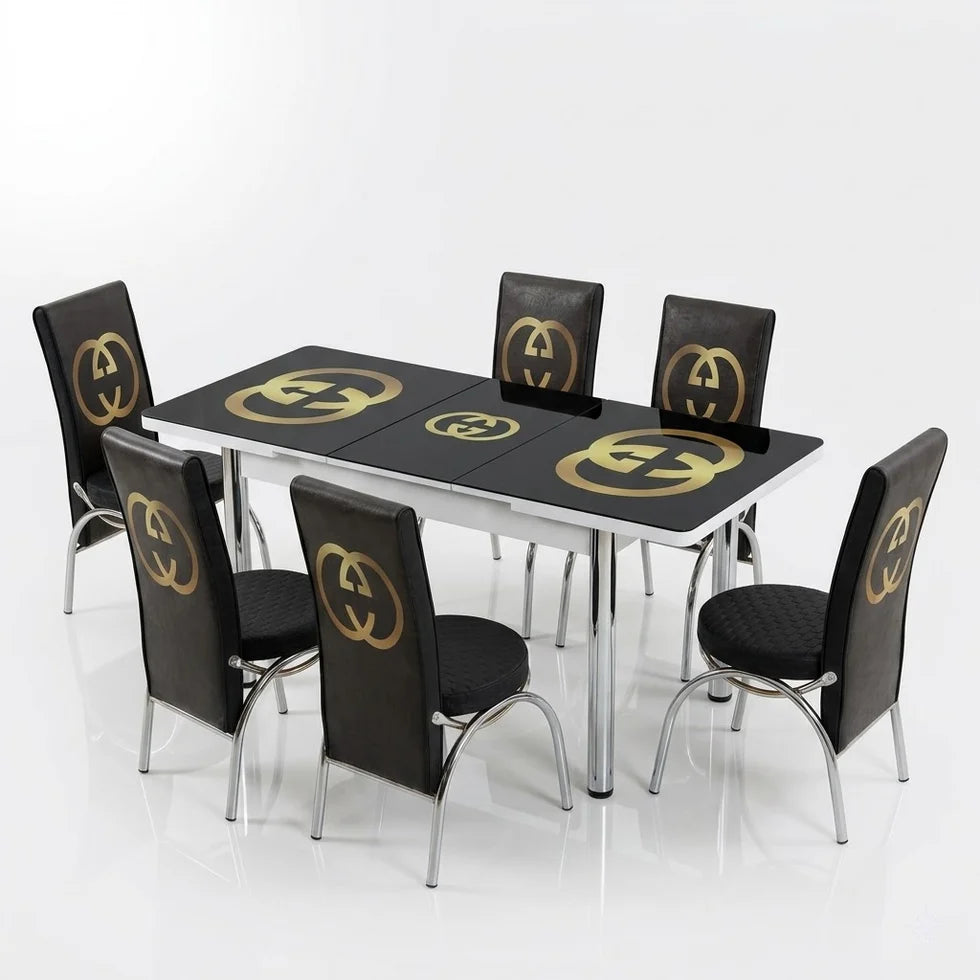 Luxury Turkish Dining Set – Gucci Printed Glass Table with Premium Chairs