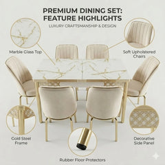 Luxury Cream 6-Seater Extendable Dining Table Set with Printed Glass Top