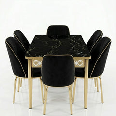 Luxury 6-Seater Black Marble Dining Table Set with Gold Frame and Upholstered Chairs