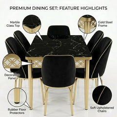 Luxury 6-Seater Black Marble Dining Table Set with Gold Frame and Upholstered Chairs