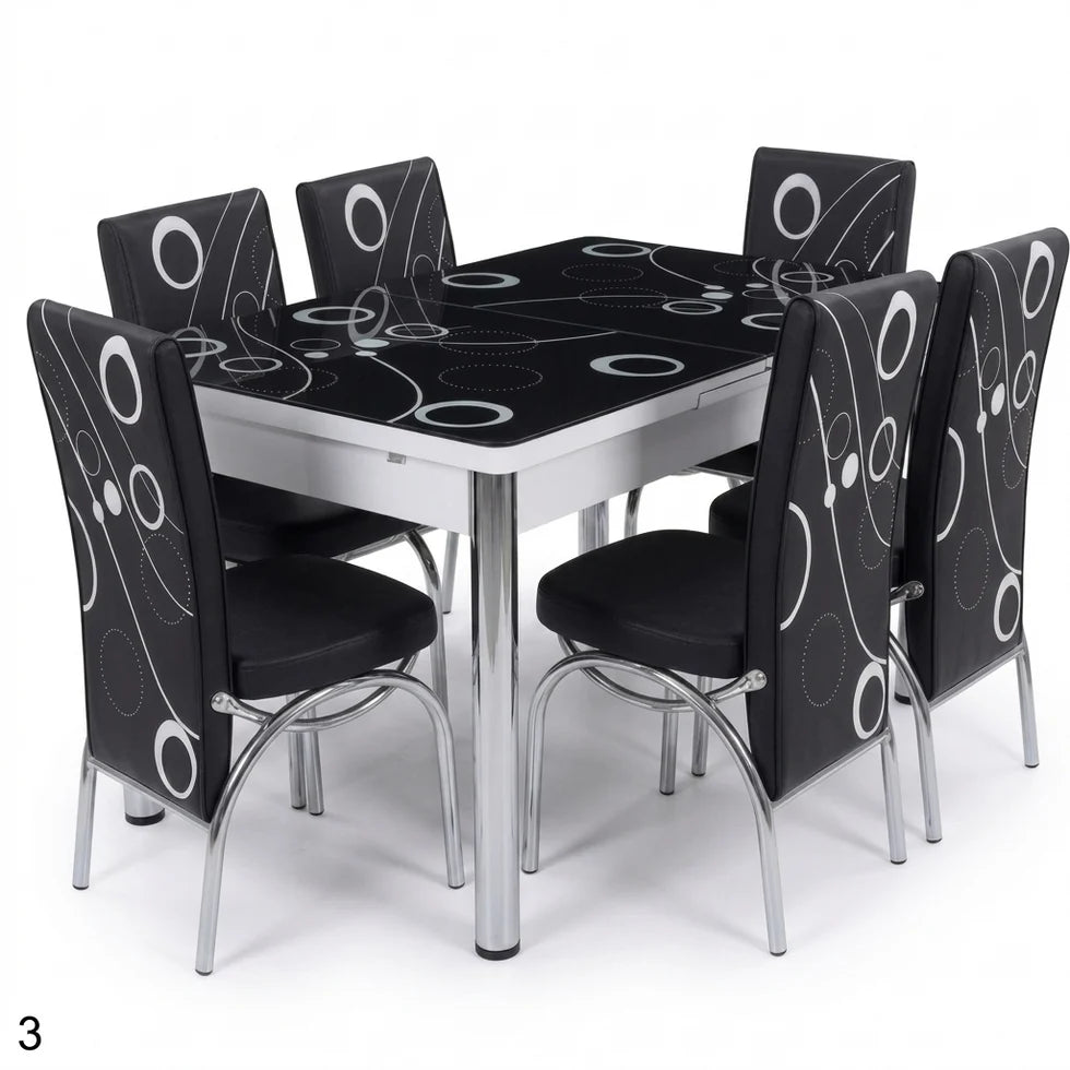 Premium Black Turkish Dining Set with Printed Glass Top and 6 Chairs