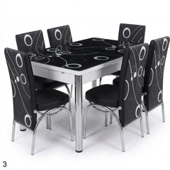 Premium Black Turkish Dining Set with Printed Glass Top and 6 Chairs