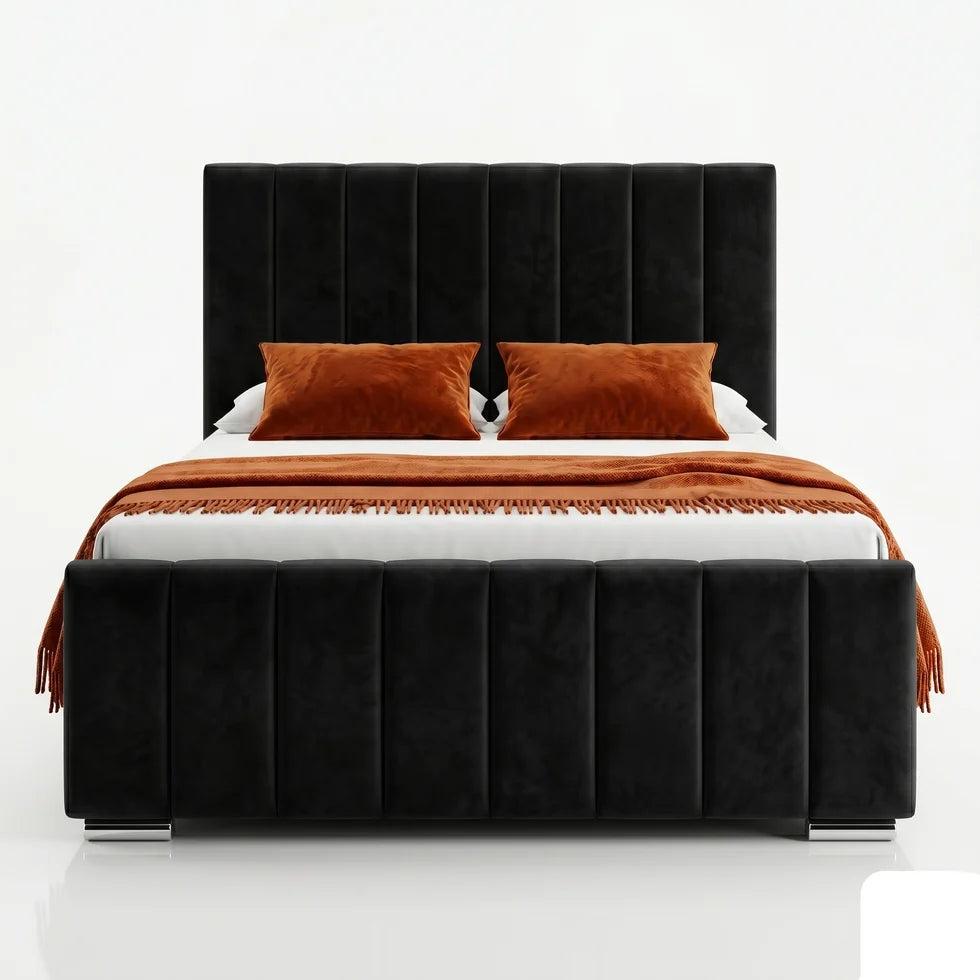 Luxury Panel-Line Velvet Storage Bed with mattress and Steel Legs
