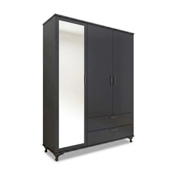 Modern Black Three-Door Wardrobe with Mirror, Drawers &amp; Shelves for Bedroom Storage