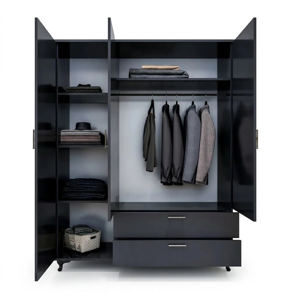 Modern Black Three-Door Wardrobe with Mirror, Drawers &amp; Shelves for Bedroom Storage