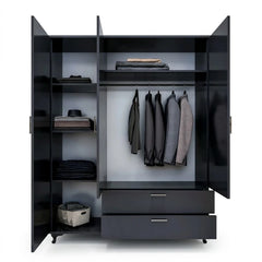 Modern Black Three-Door Wardrobe with Mirror, Drawers &amp; Shelves for Bedroom Storage
