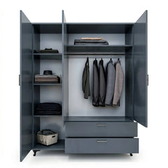 Modern Black Three-Door Wardrobe with Mirror, Drawers &amp; Shelves for Bedroom Storage