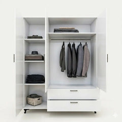 Modern Black Three-Door Wardrobe with Mirror, Drawers &amp; Shelves for Bedroom Storage