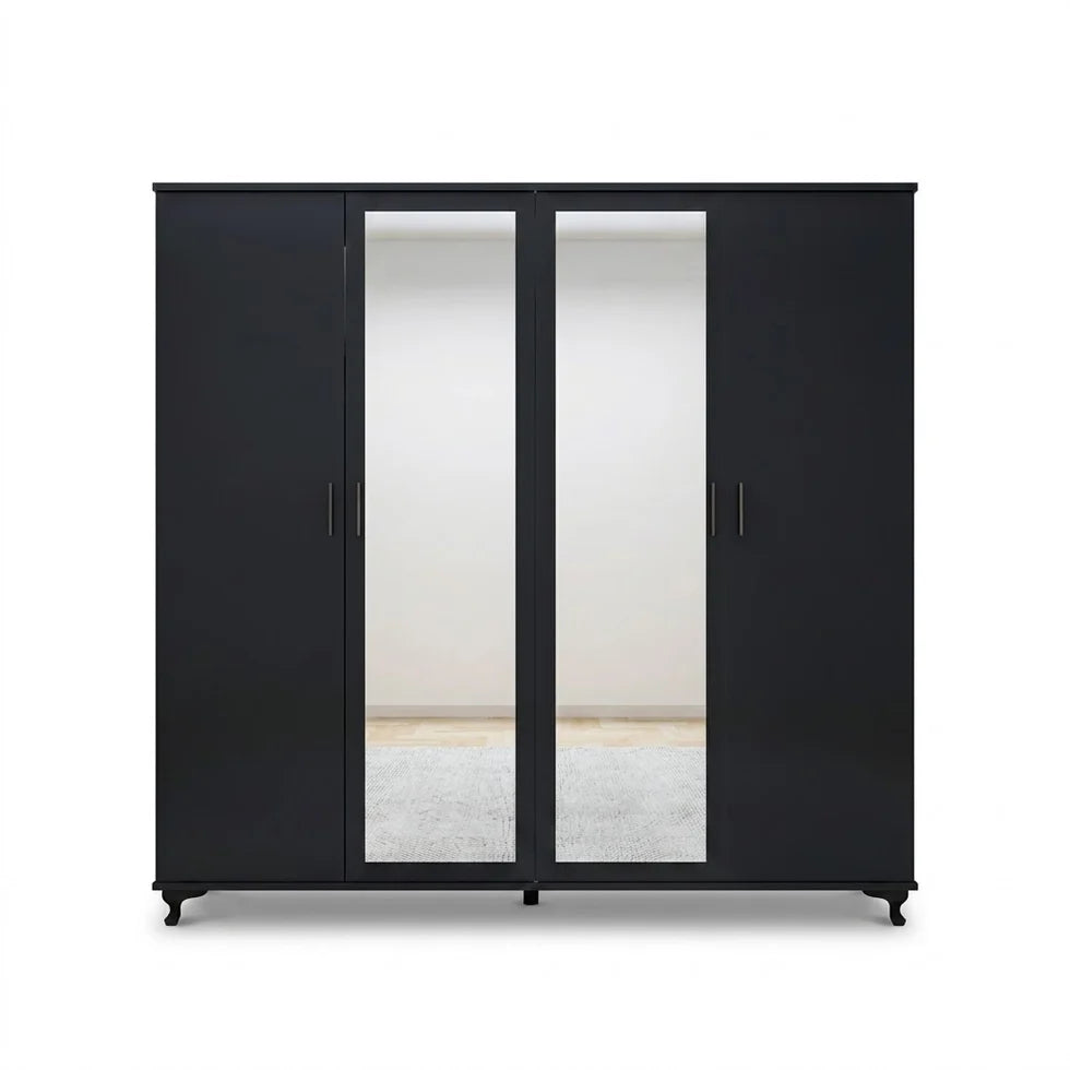 Four-Door Wardrobe with Double Mirrors and Large Storage