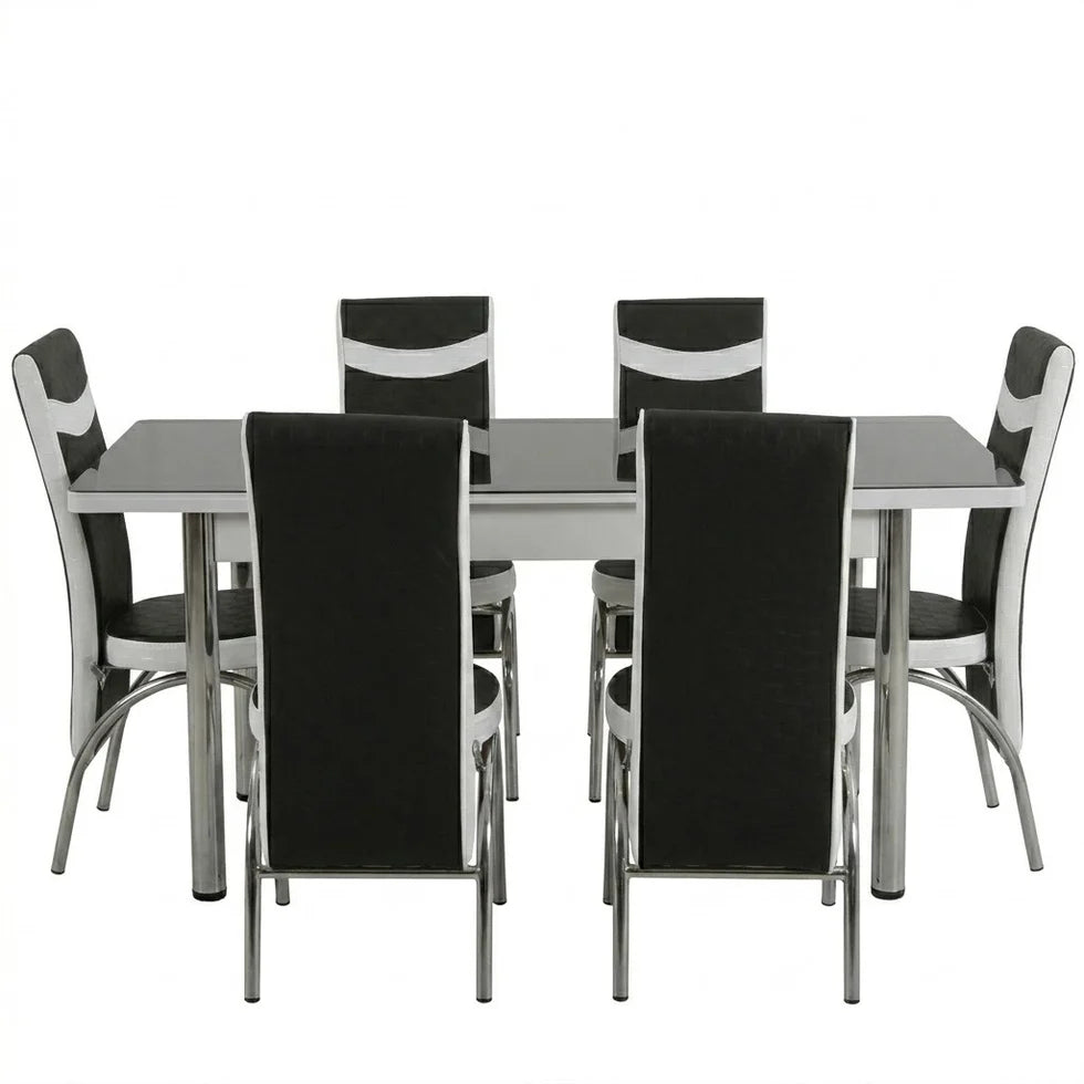Premium Black and White Turkish Dining Set with Regzine Chairs & Printed Glass Table Top