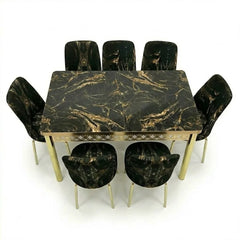 Luxury Black and Golden Velvet Dining Set ,Chairs & Printed Glass Table Top