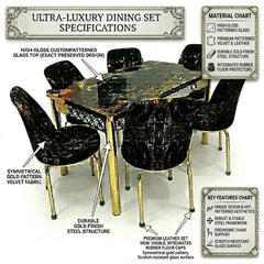 Luxury Black and Golden Velvet Dining Set ,Chairs & Printed Glass Table Top