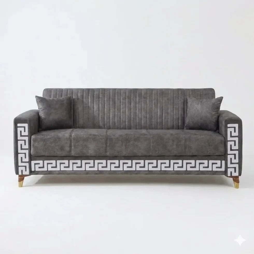 Modern 3-Seater Sofa Premium Upholstery Greek Key Gold Accent Legs Design
