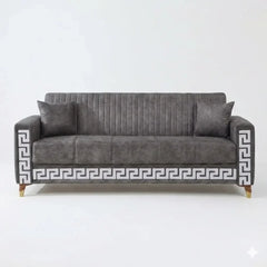 Modern 3-Seater Sofa Premium Upholstery Greek Key Gold Accent Legs Design