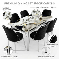 Luxury Black Marble Printed Glass Dining Set with Premium Velvet Chairs