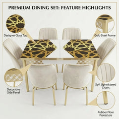 Luxury White and Gold Printed Glass Dining Set with Premium Velvet Chairs