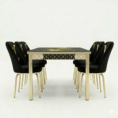 Luxury LV Black & Gold 6-Seater Extendable Dining Set with Printed Glass Top