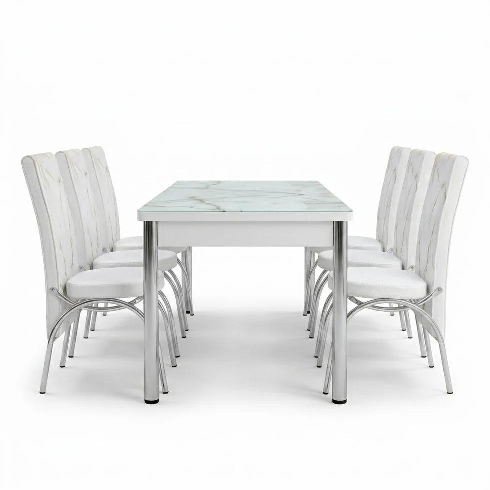 Premium White Marble Turkish Dining Set with 6 Elegant Chairs Luxury Modern Collection