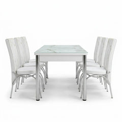 Premium White Marble Turkish Dining Set with 6 Elegant Chairs Luxury Modern Collection
