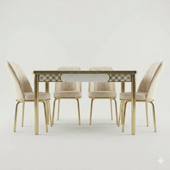 Luxury White and Gold Printed Glass Dining Set with Premium Velvet Chairs