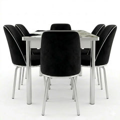 Luxury Black Marble Printed Glass Dining Set with Premium Velvet Chairs