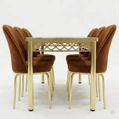 Luxury Gold Dining Set with Premium Velvet Chairs and Printed Glass Top