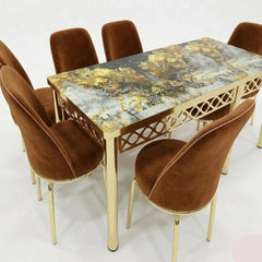 Luxury Gold Dining Set with Premium Velvet Chairs and Printed Glass Top