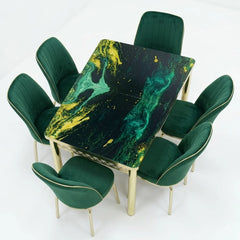 Luxury Green Velvet Dining Set with Gold Coated Steel Frame Table With 6 Chairs