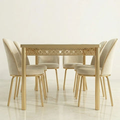 Luxury White and Gold Printed Glass Dining Set with Premium Velvet Chairs