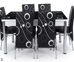 Premium Black Turkish Dining Set with Printed Glass Top and 6 Chairs