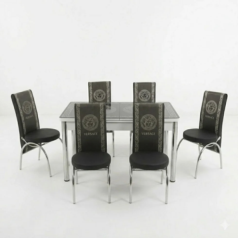 Premium Turkish Dining Set with Luxury Versace Printed Glass Top and 6 Chairs