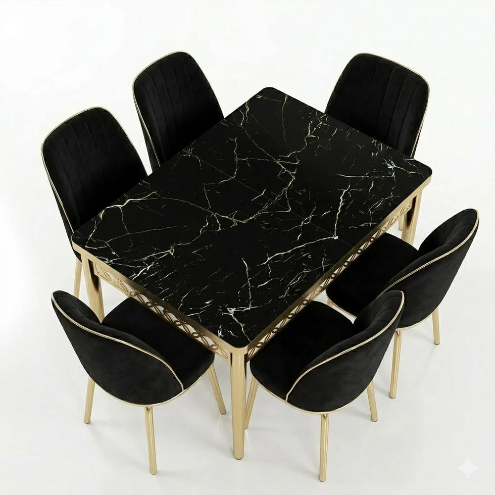 Luxury 6-Seater Black Marble Dining Table Set with Gold Frame and Upholstered Chairs
