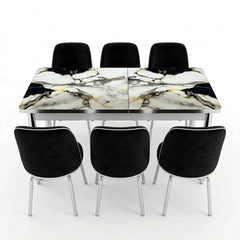 Luxury Black Marble Printed Glass Dining Set with Premium Velvet Chairs