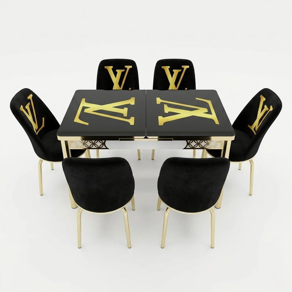 Luxury LV Black & Gold 6-Seater Extendable Dining Set with Printed Glass Top