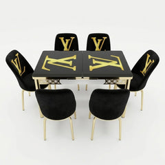 Luxury LV Black & Gold 6-Seater Extendable Dining Set with Printed Glass Top