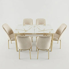 Luxury Cream 6-Seater Extendable Dining Table Set with Printed Glass Top