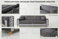 Modern 3-Seater Sofa Premium Upholstery Greek Key Gold Accent Legs Design