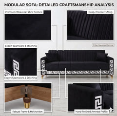 Modern 3-Seater Sofa Premium Upholstery Greek Key Gold Accent Legs Design