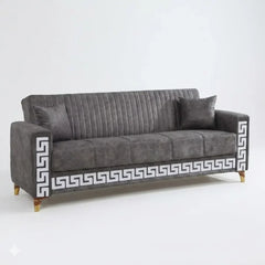 Modern 3-Seater Sofa Premium Upholstery Greek Key Gold Accent Legs Design